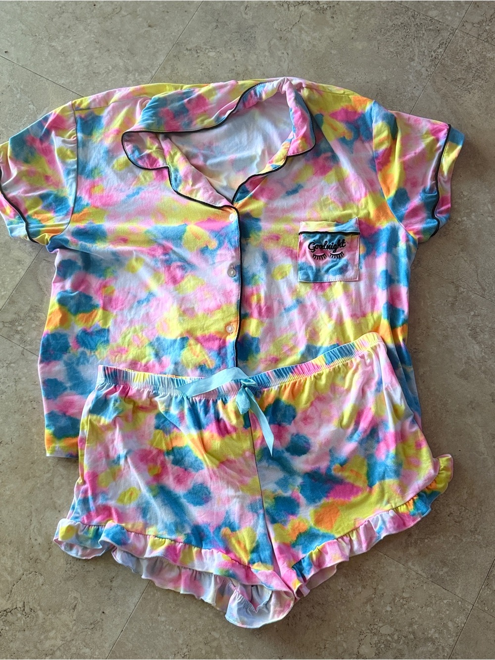 Mentally Exhausted Women’s Tie-Dye Short Pajama Set in Pastel Multicolor 2X